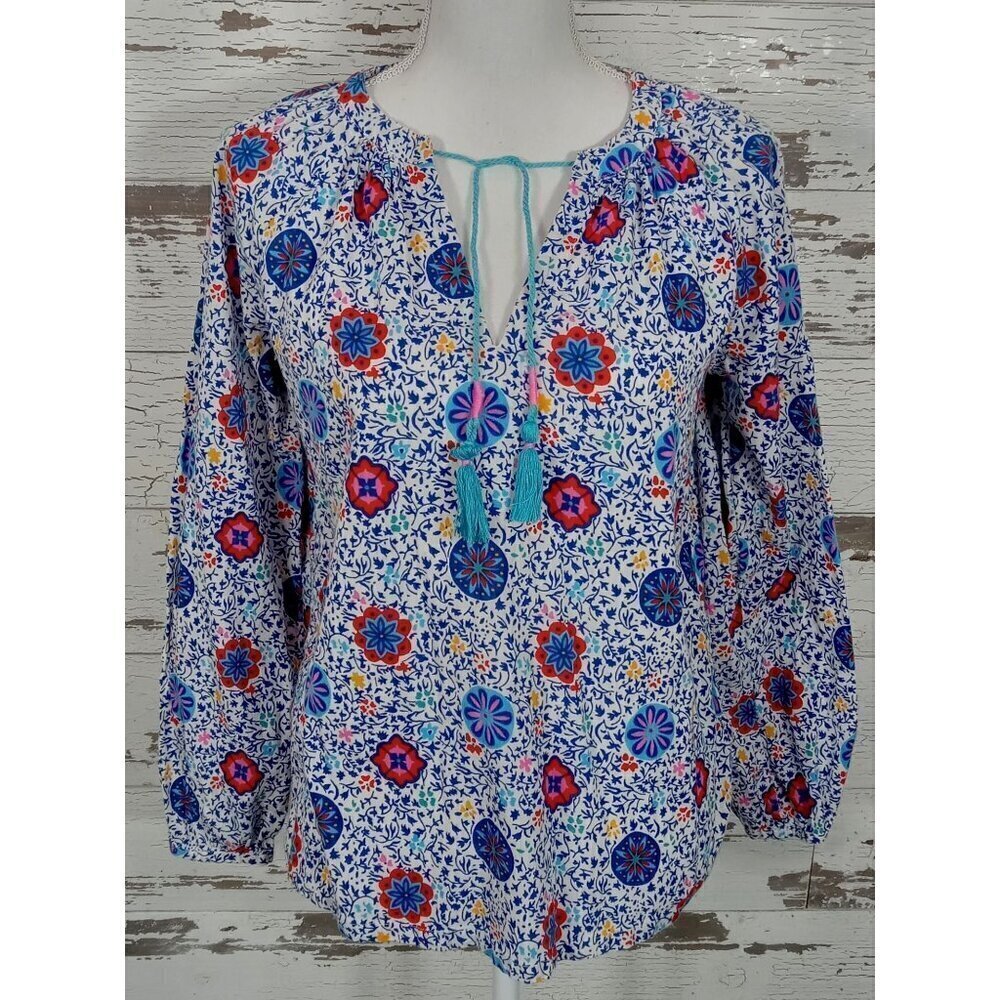 BODEN Boho Peasant Blouse Blue/White Size 4 NWOT